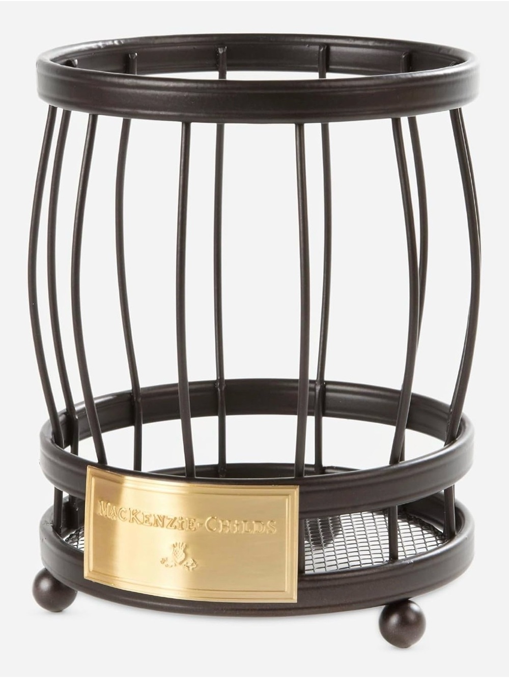 MacKenzie-Childs Brown Utensil Caddy with Brass Plaque